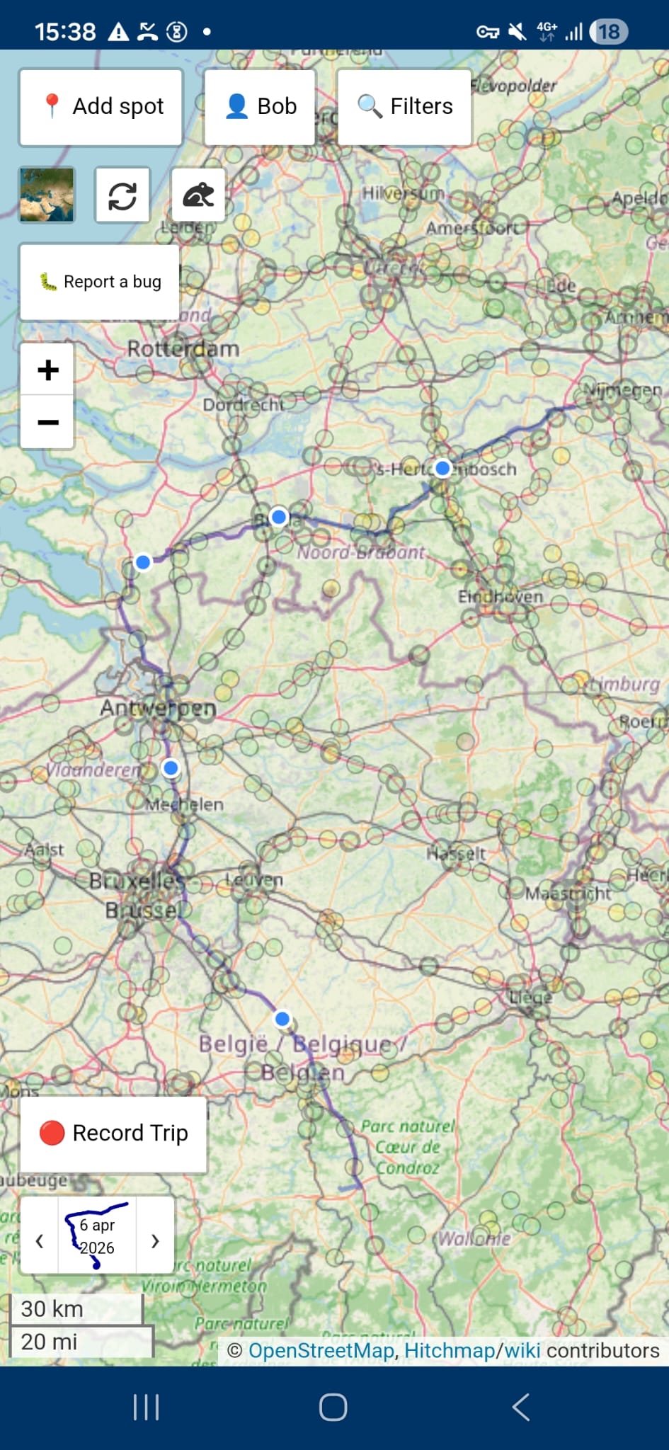 Hitchmap app screenshot showing trip recording with blue circles at soliciting spots